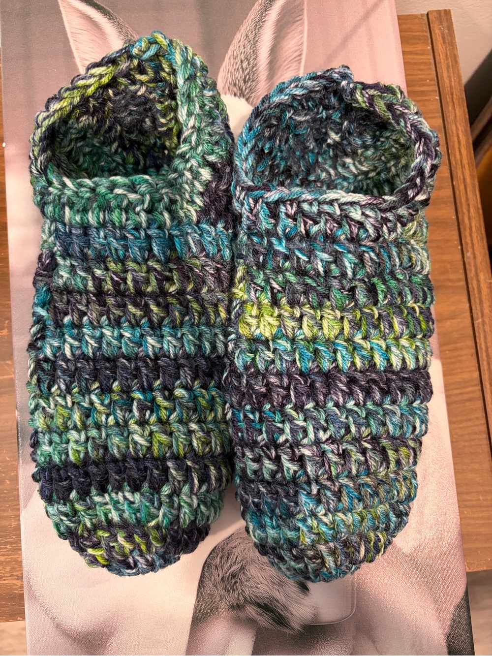 Handmade Crochet Slippers Blue Green Boho Cozy House Shoes - Picture 3 of 4